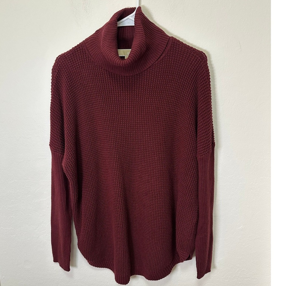 Michael Kors Burgundy Waffle Knit Turtleneck Sweater Women Size L Oversized Cozy - Picture 2 of 10